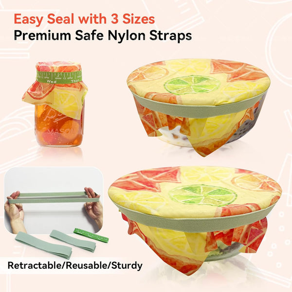 Beeswax Food Wraps Reusable 6-Pack - 3 Sizes + Elastic Storage Wraps for Containers | Reusable Beeswax Bowl Covers & Stretchable Food Wrap |
