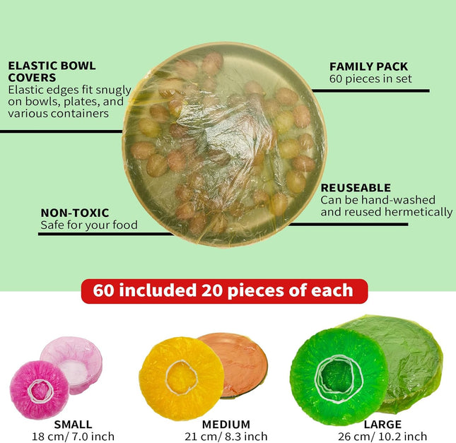 NEPAK 60 Pcs Bowl Covers Reusable, 3 Sizes Plastic Food Covers, Elastic Film Fits Most Plates and Dishes, Proofing Cover