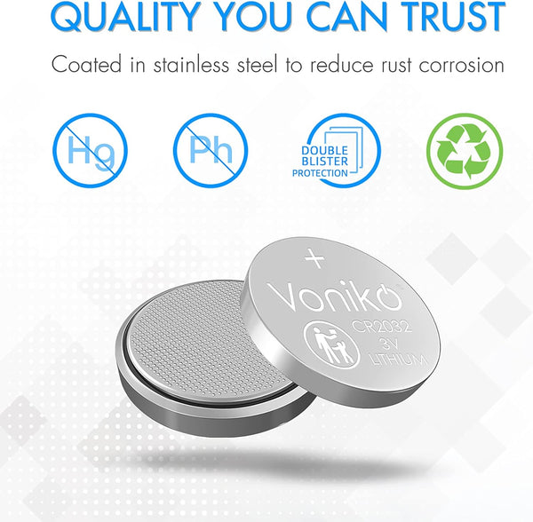 Voniko CR2032 3V Lithium Batteries 6 Pack for Child Safety, Compatible with AirTag, Key Fobs, Thermometers, Scales – 7 Years Shelf Life 6 Count