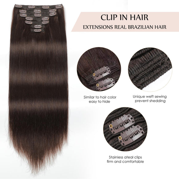 Sisily Clip in Hair Extensions Real Human Hair, 14 Inch 130G, Dark Brown, 100% Brazilian Remy Human Hair Clip in Extensions Soft Straight 7Pcs per