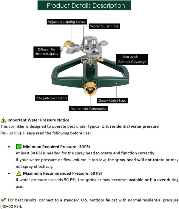 WEMADE Heavy Duty Metal Pulsating Sprinklers for Yard - 360 Degree Roating Automatic Water Sprinkler for Lawn with Metal Base, Impact Sprinklers