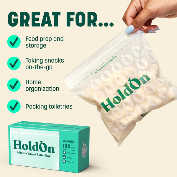 HoldOn Compostable Zip Lock Sandwich Bags, 200 Bags - Leak Proof Sandwich Size Storage Bags for Travel & Kitchen Meal Prep & On-The-Go Snacks -