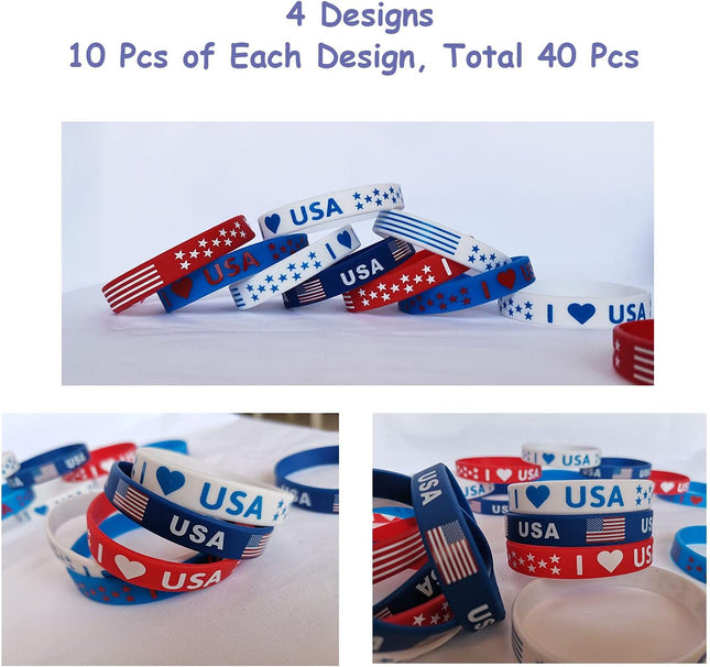 American Flag Silicone Bracelet 40Pcs, Patriotic Party Fourth 4Th of July Party Favors, Memorial Day Veterans Day Wristb