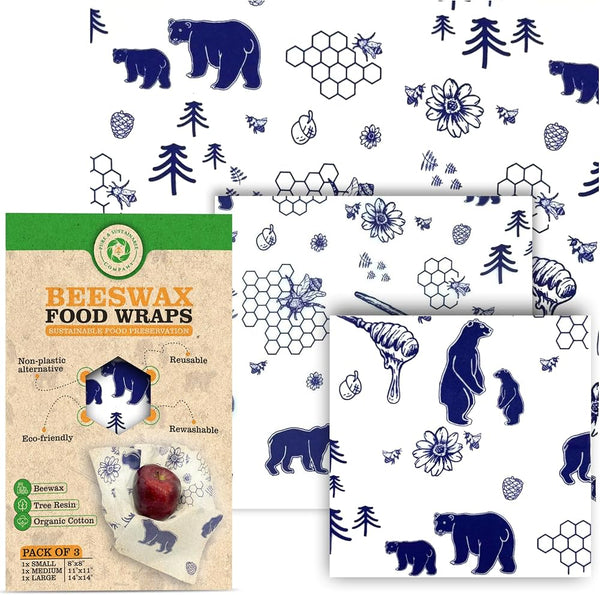 PURE & SUSTAINABLE COMPANY Beeswax Wraps - Food Storage -Pack of 3â€“ Sustainable â€“ Reusable - Certified Organic Cotton Size S,M,L