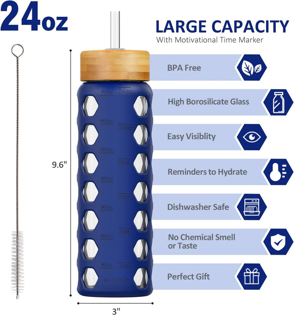 MUKOKO 24Oz Glass Water Bottle with 2 Lids-Handle Flip Lid&Bamboo Straw Lid,Motivational Water Tumbler with Time Marker Reminder and Silicone