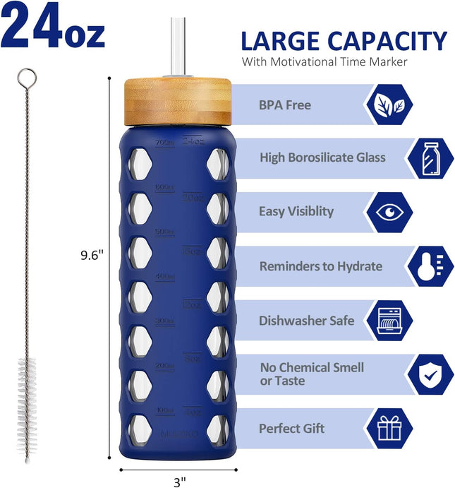 MUKOKO 24Oz Glass Water Bottle with 2 Lids-Handle Flip Lid&Bamboo Straw Lid,Moti