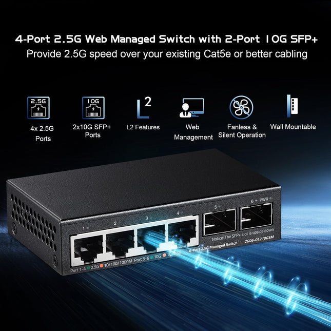 Binardat 4 Port 2.5G Web Managed Switch with 2X10G SFP+ Slot, Ultra-Mini Size, Support Trunk/Lacp/Vlan/Qos, Metal Multi-