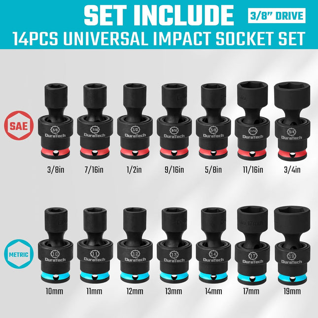 DURATECH 3/8" Drive Impact Swivel Socket Set, Shallow Universal Wobble Socket, Sae&Metric Socket Set with Flexible Joint