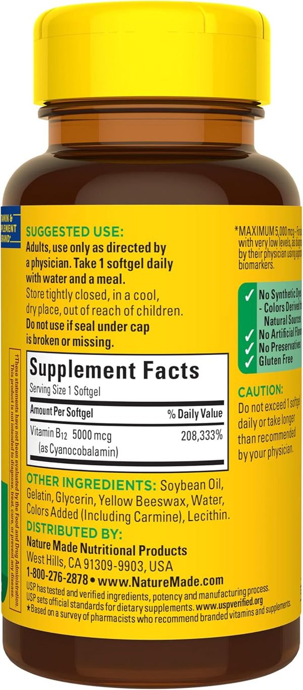 Nature Made Maximum Strength Vitamin B12 5000 Mcg, Dietary Supplement for Energy Metabolism Support, 60 Softgels, 60 Day Supply