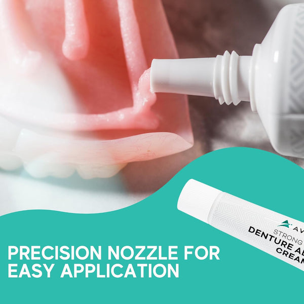 Extra Strong Denture Adhesive Cream, 12 Hour Hold Dental Glue, Waterproof, Zinc & Fluoride Free, Easy Apply Nozzle, Seals Food Out for Comfort,