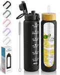 Nefeeko 32 oz Glass Water Bottles with Straw, Time Marker, Motivational 1 Liter BPA FREE Leakproof Reusable Glass Water Bottle with Silicone