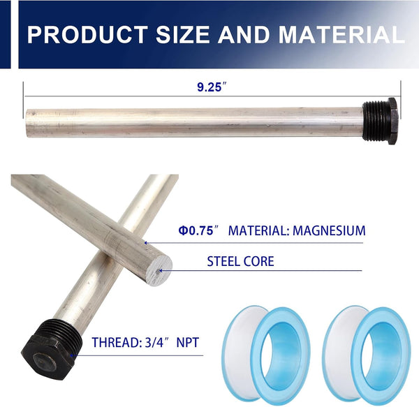 RV Water Heater Anode Rod（2Pack) Compatible with Suburban RV water heater，Magnesium Anode Rod for hot water heater ， 9.25" Length ¾" NPT Thread