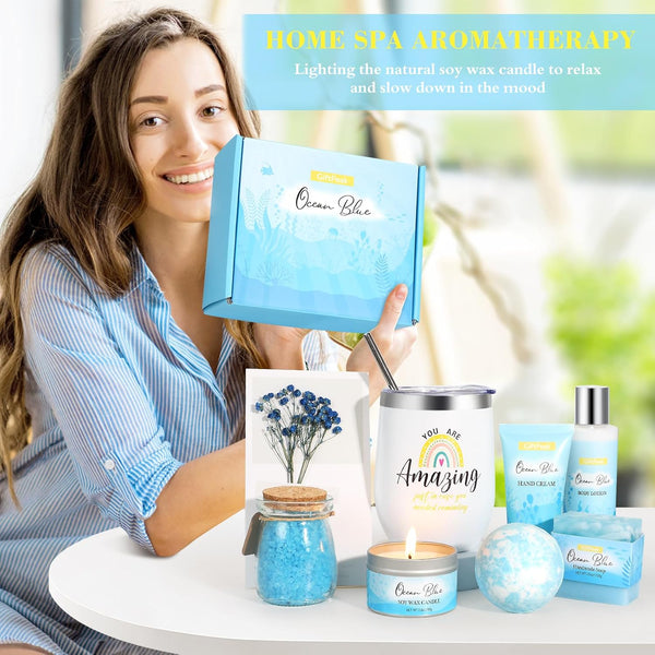 Birthday Gifts for Women, Ocean Scented Relaxing Spa Gift Baskets for Women Mom Her Wife Sister Friends Coworker Employee, Self Care Bath and Body