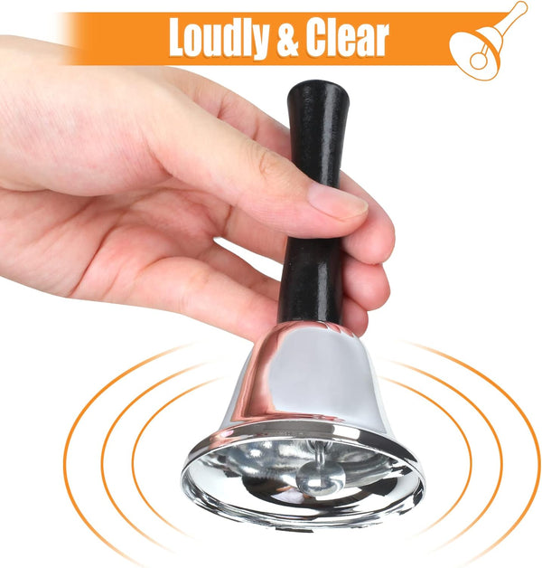 2 Pack Hand Bell, Silver Steel Bell, Ringing Bell with Handle, Dinner Bells for Inside Classroom Bell, for Food Line, Alarm, Jingles, Ringing (Silver)