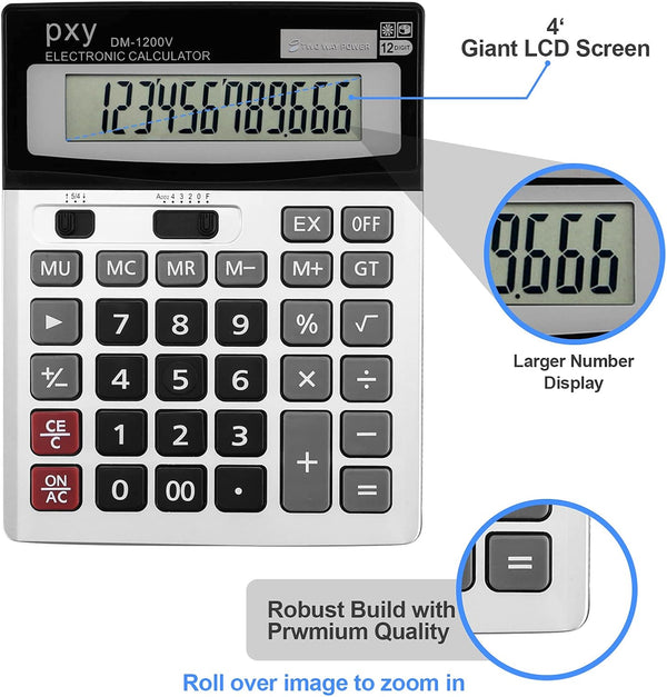 Desk Calculator 12 Digit Extra Large LCD Display, Touch Comfortable with Big Buttons, PXY Two Way Power Battery and Solar Standard Function Office