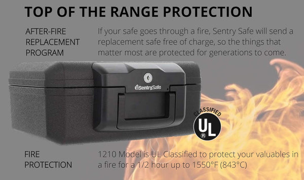 SentrySafe Fireproof Safe with Key Lock, Chest Lock Box for Home or Travel Secures Money, Documents, 0.18 Cubic Feet, 6.1 x 14.3 x 11.2 Inches,
