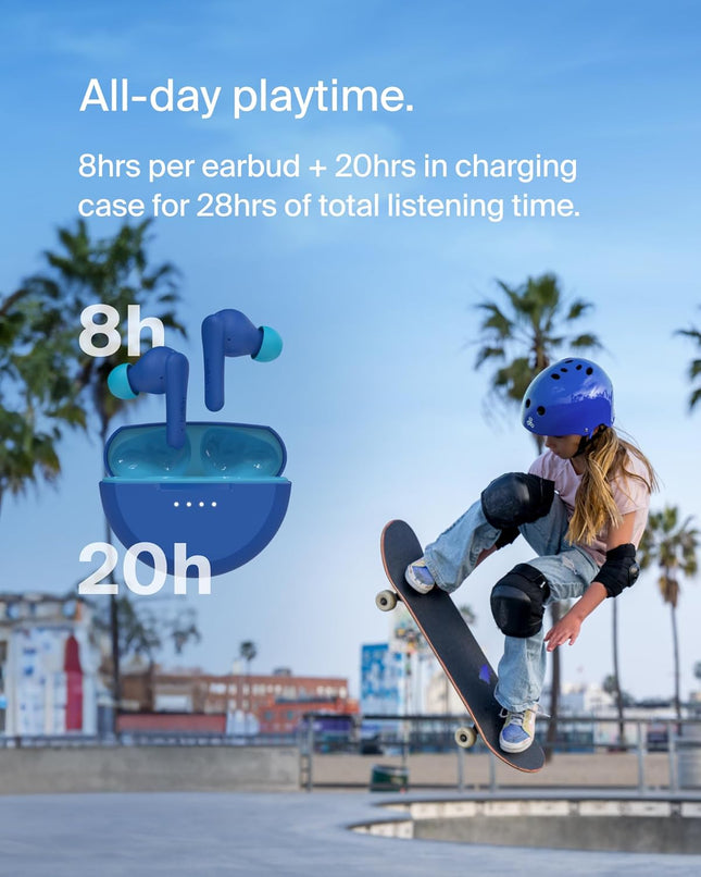 Belkin Soundform Nano 2 Bluetooth Earbuds for Kids with Built-In Microphone, 28H Battery Life, Safe 85Db Volume, IPX5 Wa