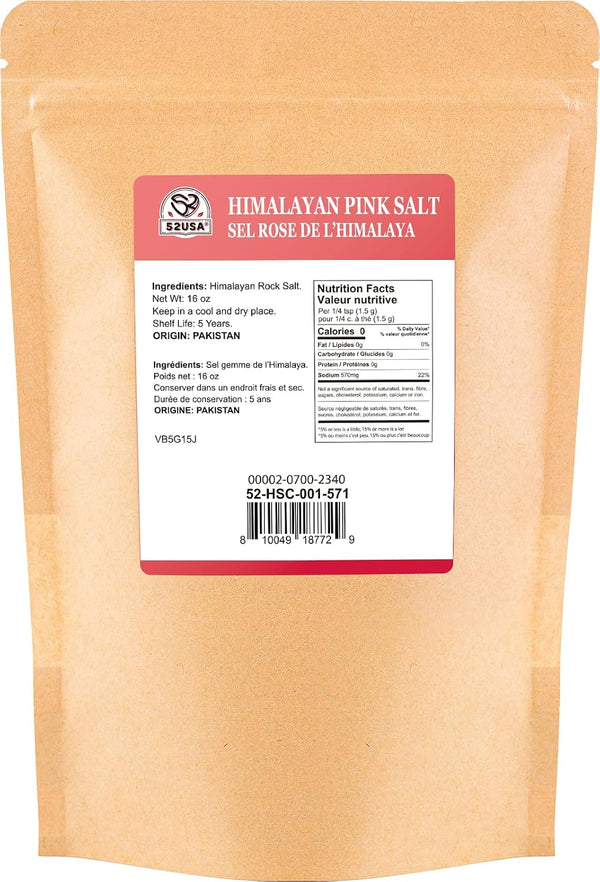 52USA Himalayan Pink Salt Coarse, Coarse Grain 1 lb, Pink Himalayans Sea Salt, Sea Salts for Grinder Refill, Himalayan Salts, Pink Salt, No