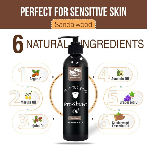 The Henna Guys 8 Fl. Oz Pre-Shave & Beard Conditioning Oil for Men, Sandalwood Scent, with Jojoba, Argan, & Marula Oils, Free from Ammonia,