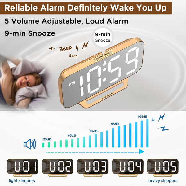 Peakeep Slim Digital Mirror Aesthetic Alarm Clock for Bedrooms Desk Decor - Plug in Electric Big LED Modern Small Clock for Office Living Room,