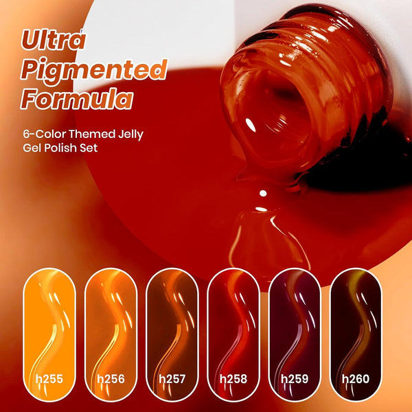 Beetles Jelly Tortoise Fall Nail Gel Polish Set 6 Transparent Fall Colors | Brown Amber Orange Carame Dark Red Pumpkin Gel Nail Polish Soak Off UV