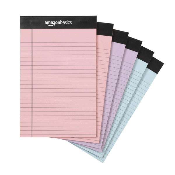 Amazon Basics Narrow Ruled Writing Pads, Perforated, 5" x 8", Multicolor, 6-Pack of 50 Sheets Multicolor 6-pack 5x8 Narrow Ruled