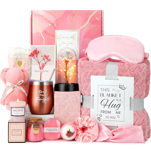 Birthday and Get Well Gifts for Women - Relaxing Spa Care Package | with Luxury Flannel Blanket, Light-up Rose Flower - Unique Self Care Gift