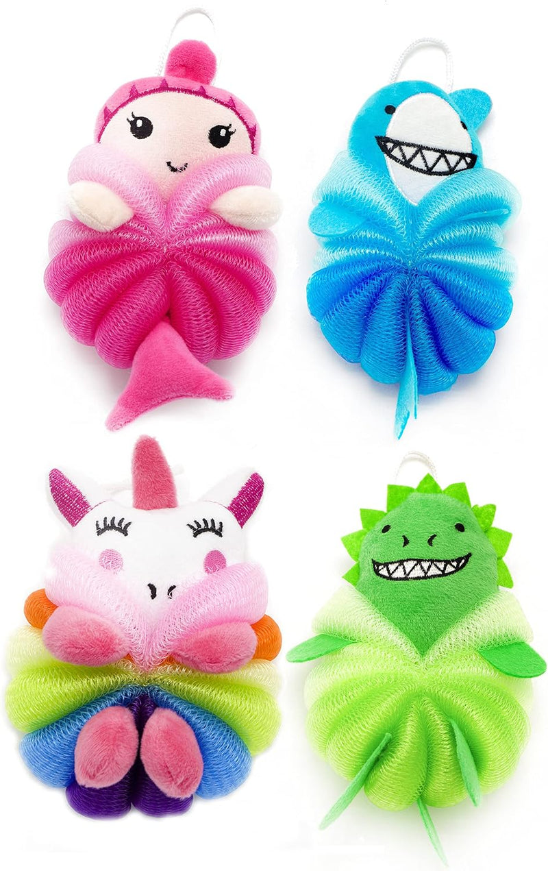 MURRI&MURRDI 4 Pcs Bath Loofah for Kids Bath Sponge, Lovely Animal Body Scrubber Kids Toddler Body Loofah Cute Cartoon Kids Bath Pouf Mesh Loofah