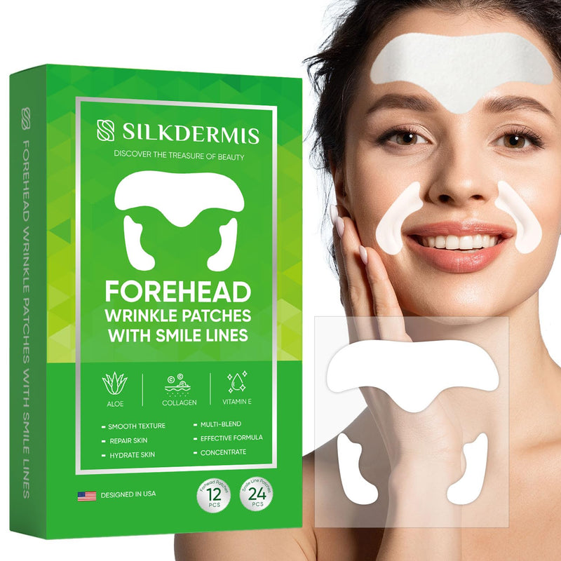 SILKDERMIS Forehead Wrinkle Patches 12Pcs with Smile Line Patches 24Pcs with Aloe, Collagen, Vitamin E, Forehead Wrinkles Treatment and Smile