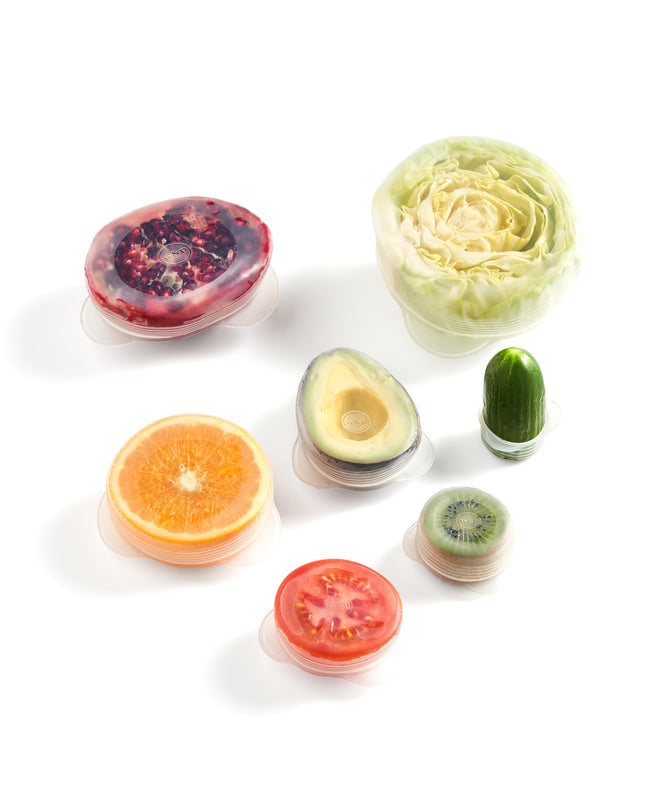 W&P Reusable Produce Savers, Set of 7, Covers Fruits & Vegetables to Keep Fresh, Dishwasher Safe, Avocado & Onion Saver
