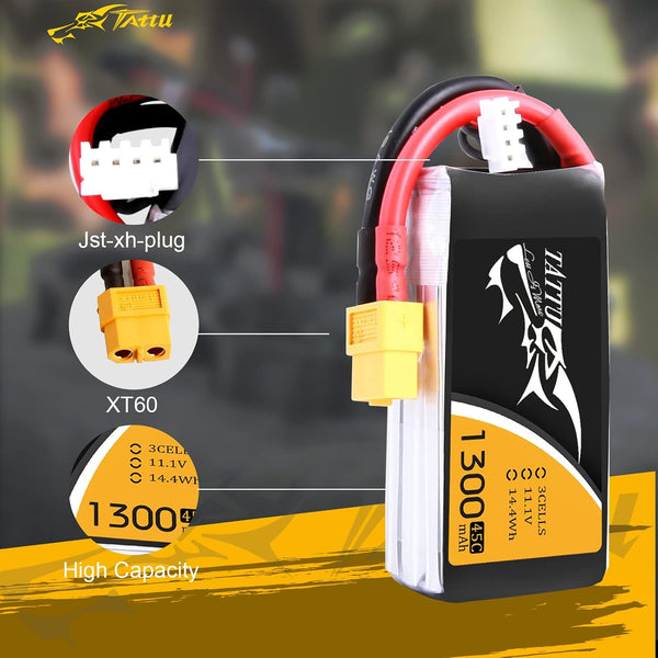 TATTU 3S 11.1V 1300mAh 45C LiPo Battery Pack with XT60 Plug for Eachine Wizard X220 QAV250 QAV180 210 Vortex 285 Mini H FLIP FPV 250S Emax