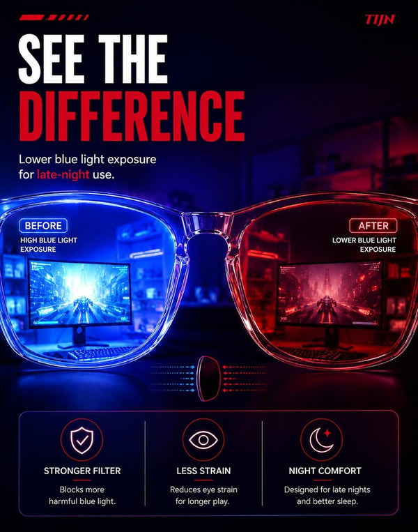 TIJN Sleep Glasses with Blue Green Light Blocking, Red Light Lens for Computer Gaming, Screen Fatigue & UV Protection Black Red