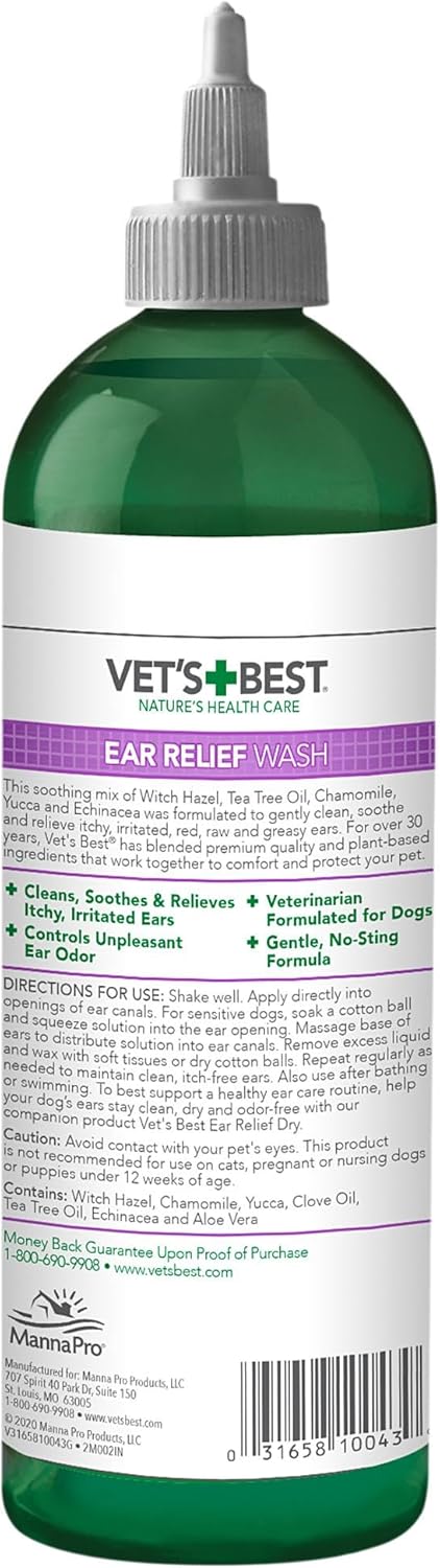 Vet's Best Dog Ear Relief Wash, No-Alcohol, Wax Control, No-Sting, 16 oz | Alcohol-Free Ear Cleanser, Helps Remove Wax & Debris, Controls Odors &