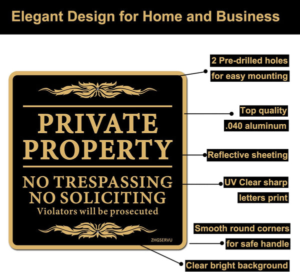 ZHGSERVU No Trespassing Signs Private Property No Soliciting Warning Sign 12” x 12” Heavy 0.40 Aluminum Rust Free Safety Sign Protect Your