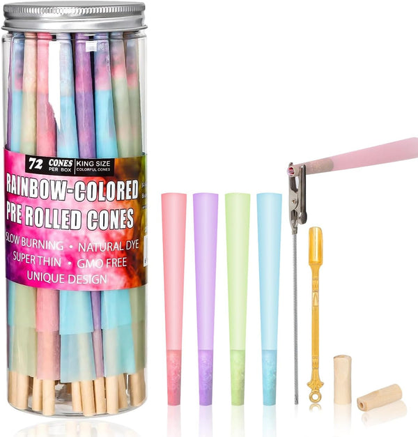 Colorful Pre Rolled Cones -72 Pack Rainbow King Size Cones Rolling Paper, Slow Burning Preroll Cones with Golden Spoon Suit Party(110Mm)