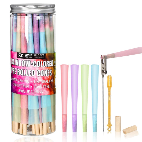 Colorful Pre Rolled Cones -72 Pack Rainbow King Size Cones Rolling Paper, Slow Burning Preroll Cones with Golden Spoon Suit Party(110Mm)