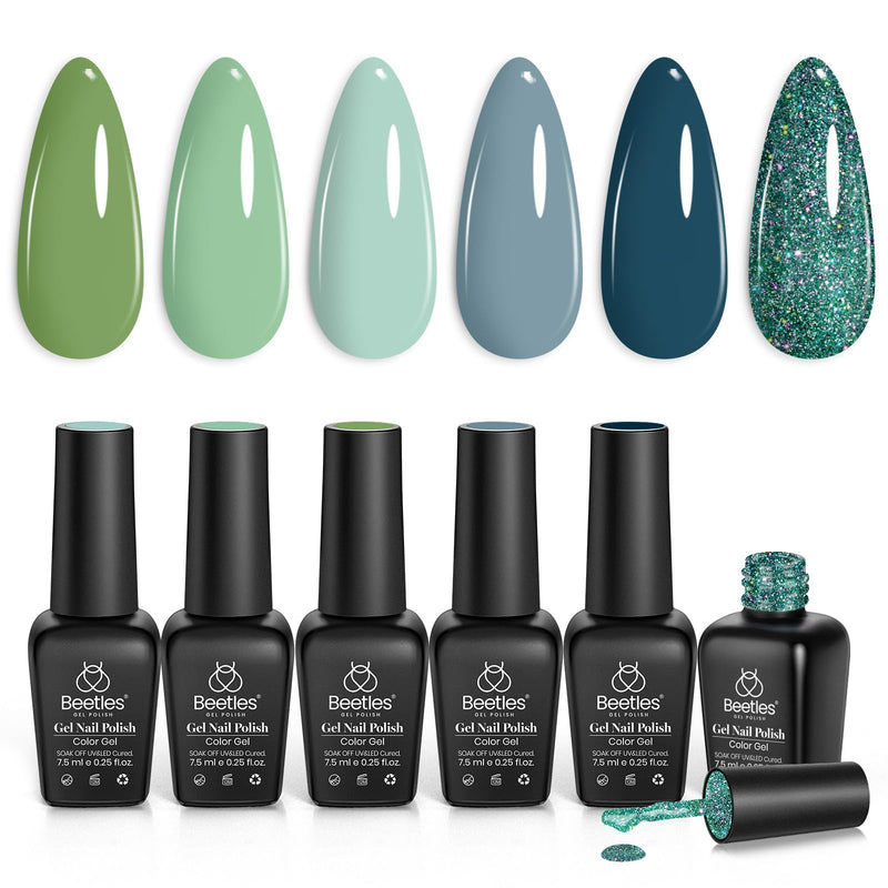 Beetles Green Gel Nail Polish Set - 6 Colors Green Gray Blue Glitter Nail Gel Polish Soak off Uv Gel Nail Art Manicure Gifts for Women 0-0-Colors