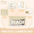 Small Boho Straw Clear Beach Makeup Bags for Women&Girls, Zipper Cosmetic Bag Chenille Varsity Letter Patch Bag, Preppy Cute Toiletry Pouch,