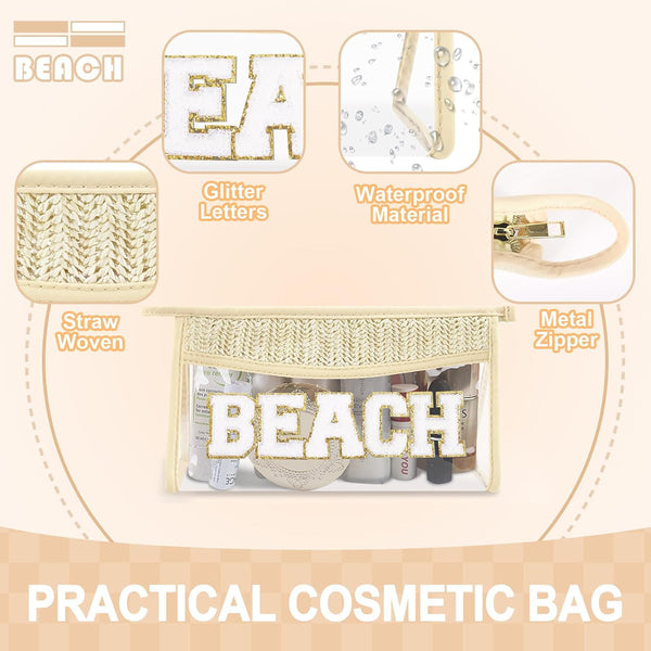 Small Boho Straw Clear Beach Makeup Bags for Women&Girls, Zipper Cosmetic Bag Chenille Varsity Letter Patch Bag, Preppy Cute Toiletry Pouch,