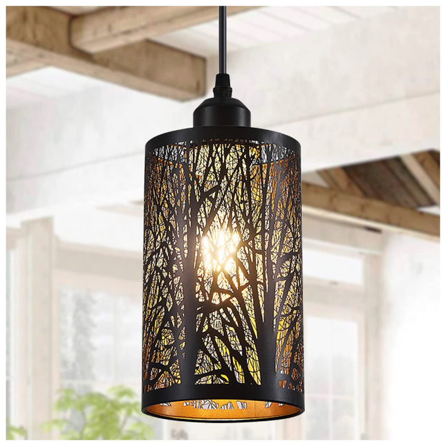 Industrial Black Pendant Light Fixture Vintage Farmhouse Mini Black Gold Pendant Lighting Rustic Hollow-Carved Cylinder 
