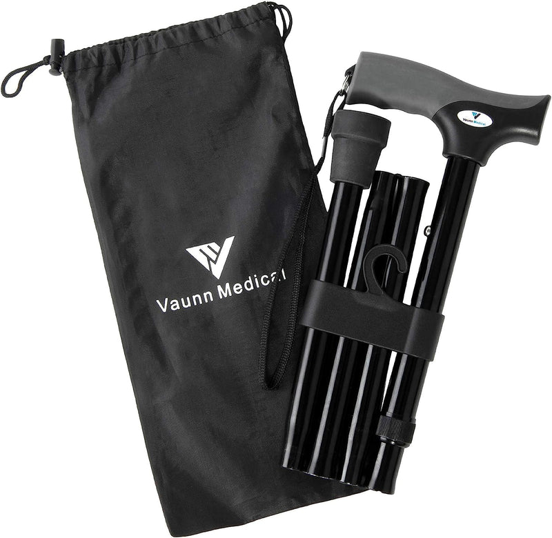 FSA/HSA Eligible, Vaunn Medical Easy Grip Height Adjustable Folding Cane/Walking Stick with Strap/Pouch- Compact, Portable, and Safe Walking