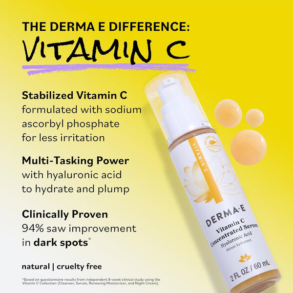 DERMA E Vitamin C Concentrated Serum, 2 Oz, with Hyaluronic Acid, Vitamin E & Aloe, All Natural, Antioxidant-Rich Concentrated Formula, Hydrating