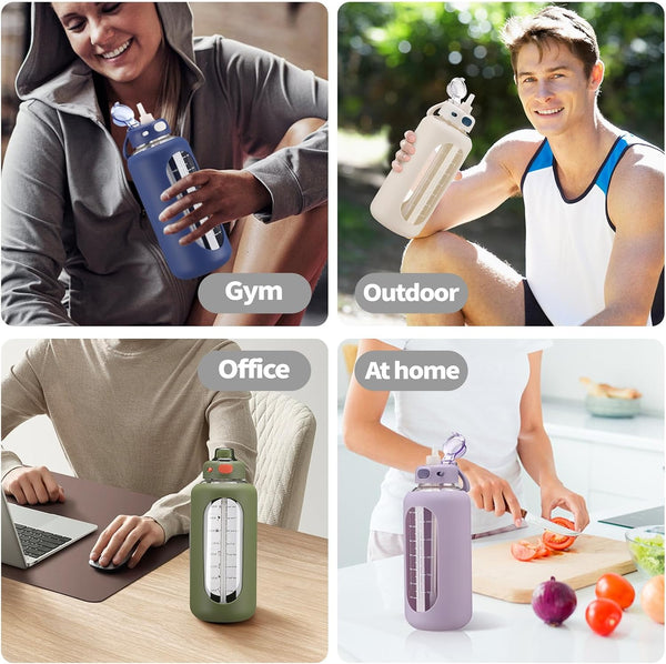 SIEROZUR 64 oz Glass Water Bottle with Straw and Handle Half Gallon Large Water Bottle with Silicone Sleeve and Time Marker Sports Water Jug Wide