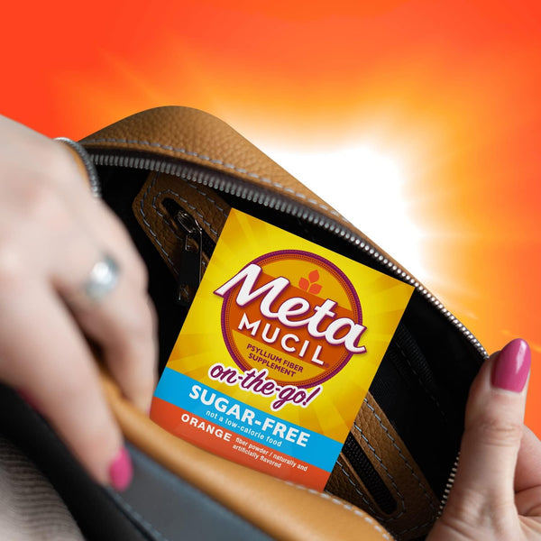 Metamucil On-The-Go, Daily Psyllium Husk Powder Supplement, Sugar-Free Powder, 4-in-1 Fiber for Digestive Health, Orange Flavored Drink, 44
