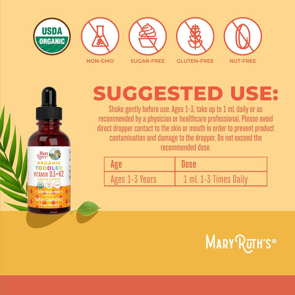 Maryruth Organics Vitamin D3 | Vitamin K2 | Vitamin D3 K2 Drops | K2 D3 Vitamin Liquid Supplement for Toddlers | Kids Supplement for Calcium
