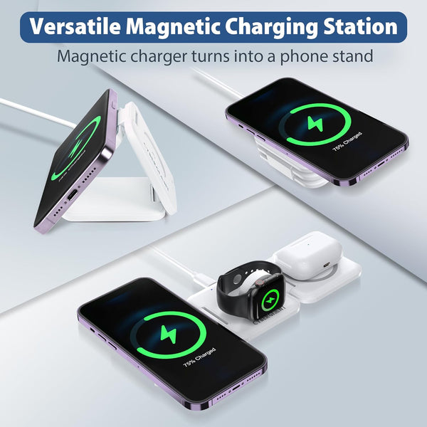 3 in 1 Apple Charging Station for Iphone Airpods Iwatch - Travel Charger for Multiple Devices, Portable Foldable Charging Station - Magnetic