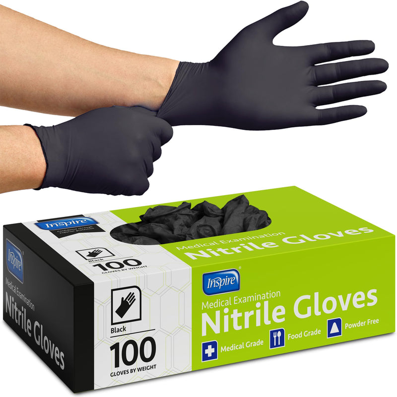 Inspire Black Nitrile Disposable Gloves | 4.5 Nitrile Disposable Safety Medical Cooking Cleaning Gloves Small Black - Box of 100