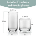 Libbey Ascent Tumbler & Rocks Drinking Glasses Set of 16, Clear Glass Cups | 16.25 oz & 12.25 oz Capacities Glasses for Water, Juice, Cocktails,