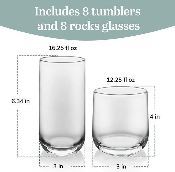 Libbey Ascent Tumbler & Rocks Drinking Glasses Set of 16, Clear Glass Cups | 16.25 oz & 12.25 oz Capacities Glasses for Water, Juice, Cocktails,