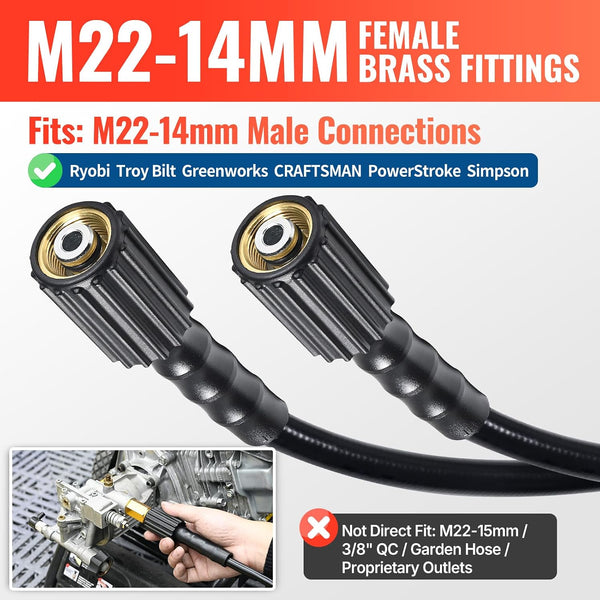 YAMATIC Pressure Washer Hose 25 FT 1/4", M22-14mm Females 25FT 3200PSI